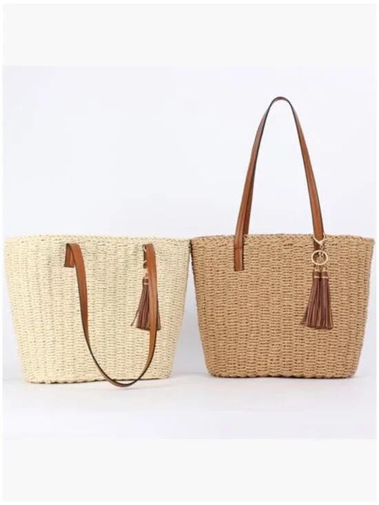 Large Straw Tote Bag with Tassel for Beach Travel Shoulder Handbag - Picture 6 of 7